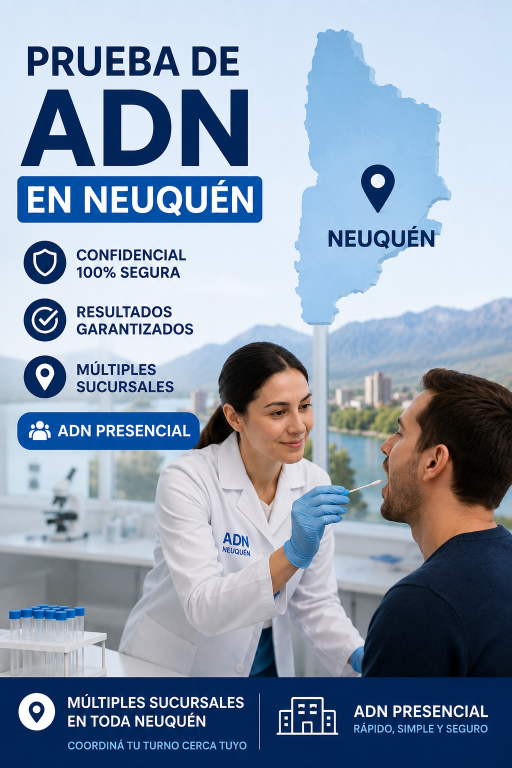 Prueba de ADN en Neuquén, múltiples sucursales, ADN presencial